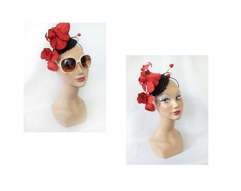 Women's wedding hat black red fascinator straw cocktail guest