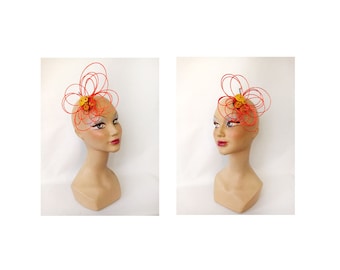 Small women's hat wedding ceremony orange fascinator retro guest