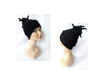 Black women's beanie women's winter hat with minimalist pompom