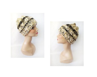 Women's hand-knitted green beige fancy wool hat