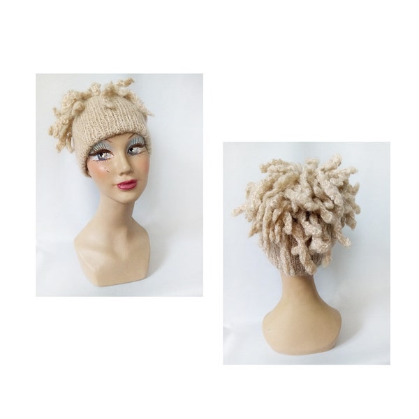 Bonnet laine beige dreadlocks chapeau hiver original