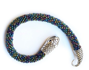 Unique Beaded Bracelet, Snake Design with Crochet Rope and Seed Beads