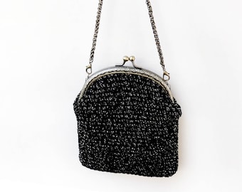 Black clutch, crochet purse frame, chain clutch