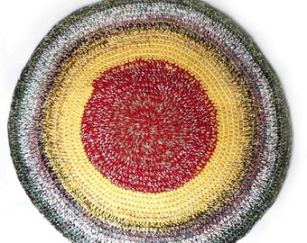 Round wool rug, crochet carpet, woven pet bed, sunset design