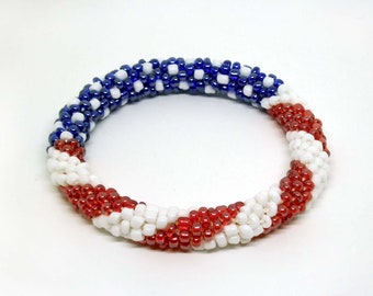 American flag beaded bracelet, 4th of July jewelry, USA flag, Red White Blue Crochet Rope