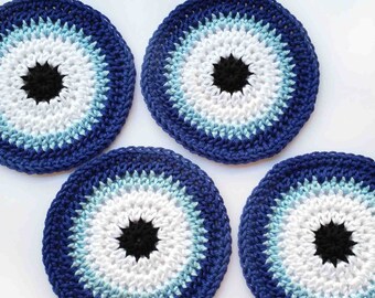 Blue evil eye coaster, cotton crochet doily set