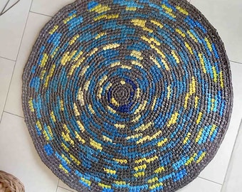 Gray blue yellow fusion rug, plastic bag crochet carpet plarn