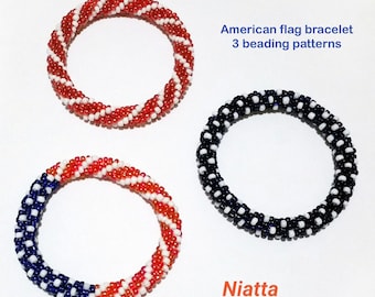 Red white blue crochet beaded bracelet, American flag beading pattern