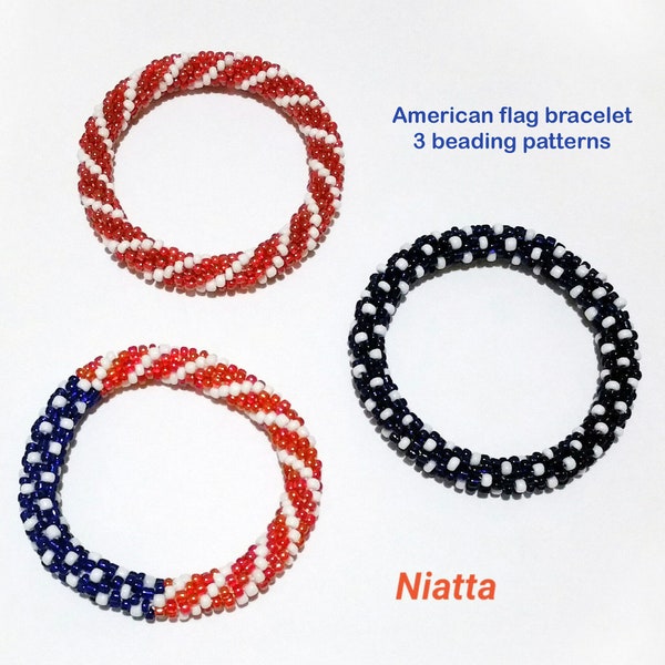 Red white blue crochet beaded bracelet, American flag beading pattern