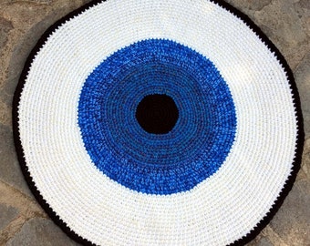 Evil eye floor mat, handmade rug, crochet carpet