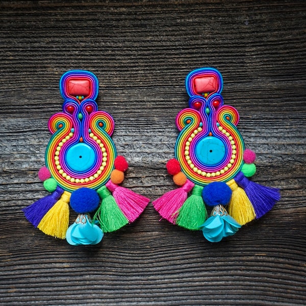 Lori- Boho soutache earrings, long earrings, ethnic earrings, big earrings,  colorful earrings