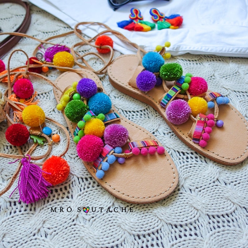 boho sandals Sandals boho style leather sandals gladiator sandals ON ORDER lace up sandals pom poms sandals Model SANTORINI