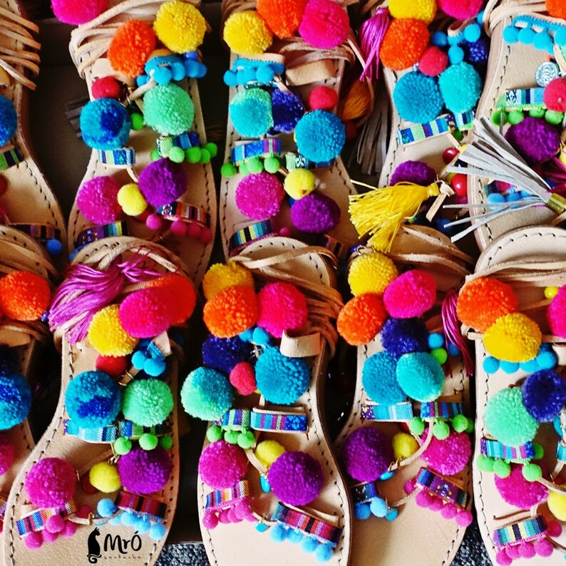 boho sandals Sandals boho style leather sandals gladiator sandals ON ORDER lace up sandals pom poms sandals Model SANTORINI