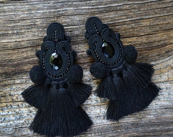 Large ethnic earrings with tassels, soutache earrings ! boucles d'oreilles soutache,orecchini soutache,