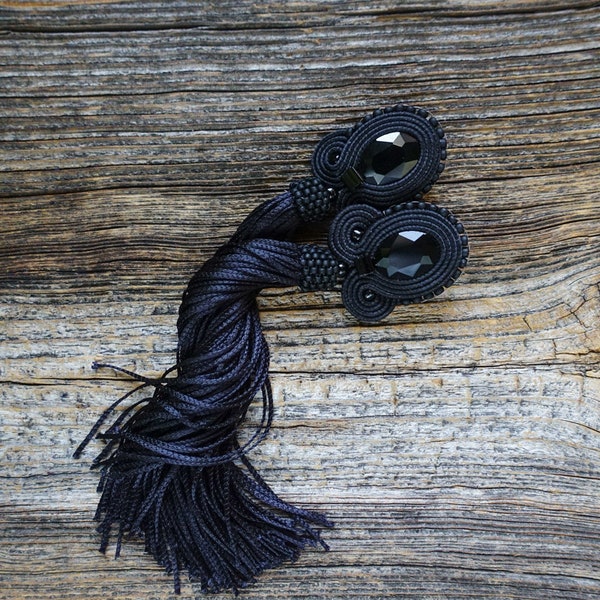 Black earrings with tassels soutache earrings, black earrings, orecchini soutache,Boucles d'oreilles soutache