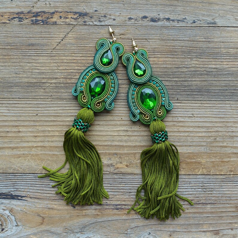 Green soutache earrings long earrings big earrins boucles d/'oreilles soutache,orecchini soutache
