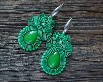 Green soutache earrings, emerald earrings, long earrings, boho earrings