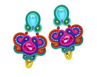 Colorful Soutache Statement Earrings – Handmade Boho Jewelry with Crystals