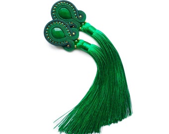 Green soutache earrings, tassels earrings, long earrings, boho earrings