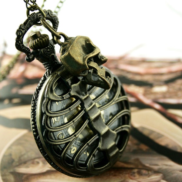 Vintage Style Pocket Watch Necklace Steampunk Pirate Spine Ribe Bone Movable Jaw Skull SET
