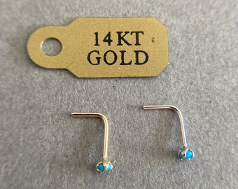 Pendientes de nariz en forma de L de 2 mm de turquesa genuina de oro macizo de 14 quilates - Oro macizo de 14 quilates