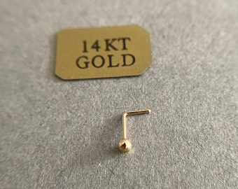 Pendientes de nariz en forma de L con bola de puntos de 2 mm de oro macizo de 14 quilates -Oro macizo de 14 quilates