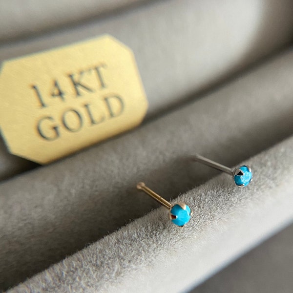 14K Solid Gold Genuine Turquoise 2mm Nose Bone Nose Studs -14K Solid Gold