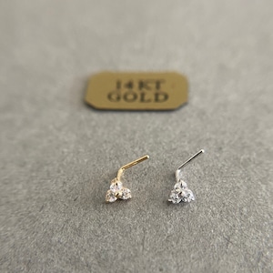 14K Solid Gold 3 Dot Stone CZ L Shaped Nose Studs -14K Solid Gold