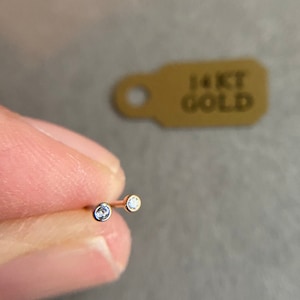14K Solid Gold 2mm CZ Bezel Bone Nose Studs -14K Solid Gold