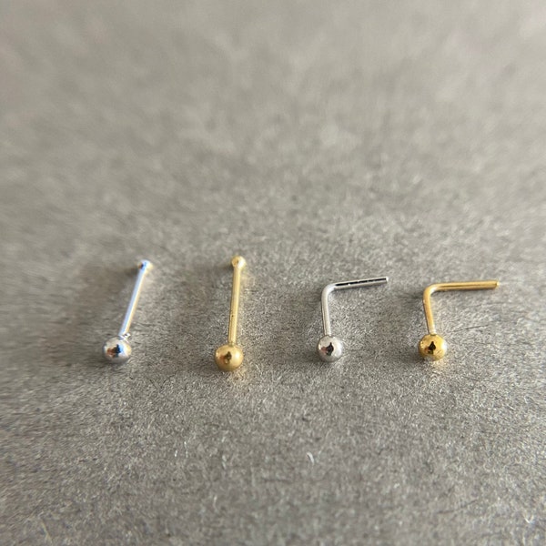 2Pieces/Silver 2mm Ball Nose Studs, Silver,Gold, Nose Bone,L Shape  -Sterling Silver