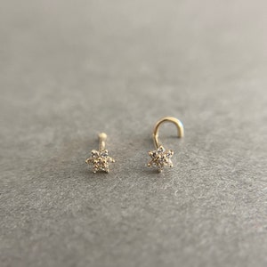 14K Solid Gold CZ Flower Nose Studs -14K Solid Gold