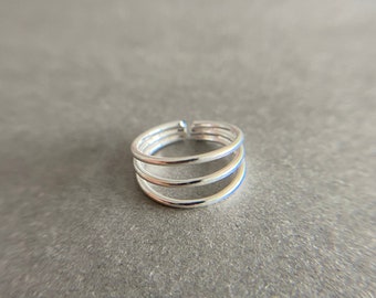 Silver Open Toe Triple Line Ring, Silver Adjustable Toe Ring, Band Toe Ring - Sterling Silver