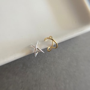Sterling Silver Thin Line X Ear Cuff, No Pierce Ear Cuff - Sterling Silver