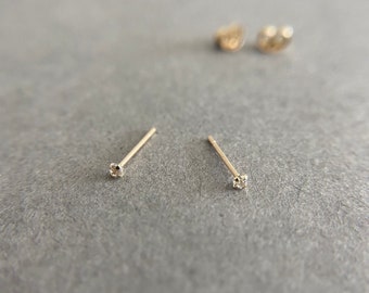 14K Solid Gold Tiny Clear CZ Type A Stud Earrings - 14K Solid Gold