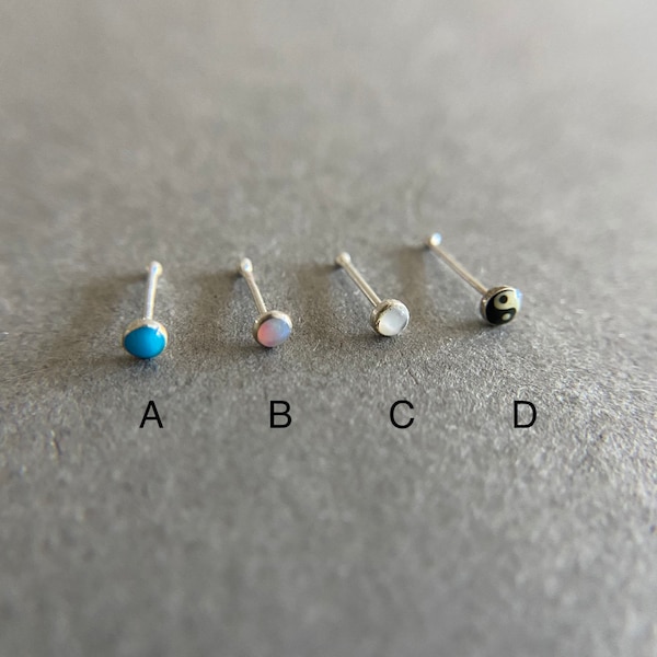 Silver Tiny 2mm Nose Stud Nose Bone, Blue Turquoise, Opal, Mother of Pear, Yin and Yang Nose studs - Sterling Silver