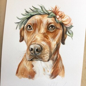 huisdier portret in opdracht eventueel met bloemenkrans  honden schilderij, dieren kunst, schilderij, waterverf, tekening, dierenportret