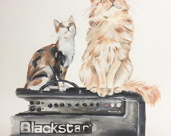 Custom Two Pet Watercolor Painting: Cat Portrait Art