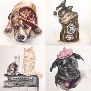 May include: A collage of four watercolor paintings featuring pets. The top left image shows a brown and white dog wearing a red sombrero. The top right image shows a brown and white dog wearing a brown sweater with a "Mini Wolfs" patch. The bottom left image shows two cats sitting on top of a black amplifier with the word "Blackstar" on it. The bottom right image shows a black dog wearing a pink crown and a pink collar with a charm.