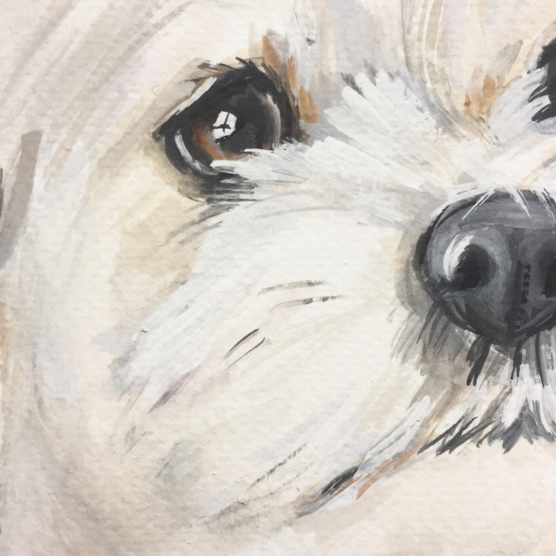 May include: Close-up of a white dog's face with brown eyes and a black nose. The dog's fur is painted in a soft, brushstroke style.