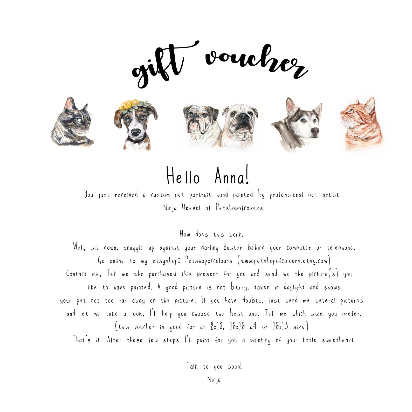 PRINTABLE GIFT gift voucher for one custom pet portrait Etsy