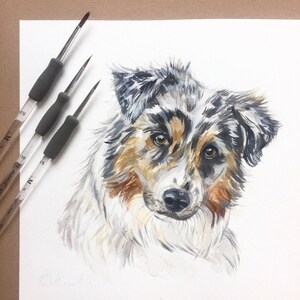 May include: Watercolor painting of a dog's head. The dog has a white, brown, and black coat. The dog is looking at the viewer with a soft expression.