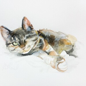 May include: Watercolor painting of a tabby cat lying down with one eye open. The cat is painted in shades of brown, gray, and white.