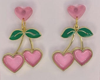 Sparkly Pink Cherry Heart Retro Kitsch Pin Up Valentines Day Earrings