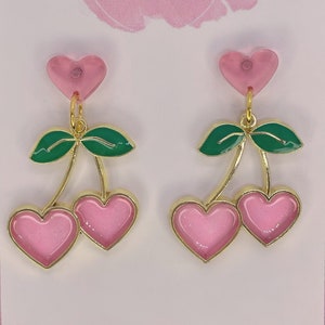 Sparkly Pink Cherry Heart Retro Kitsch Pin Up Valentines Day Earrings