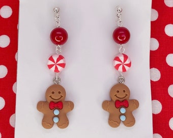 Gingerbread Man Peppermint Christmas Holiday Dangle Earrings