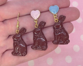 Retro Chocolate Easter Bunny Rabbit Heart Kitsch Pinup Dangle Earrings