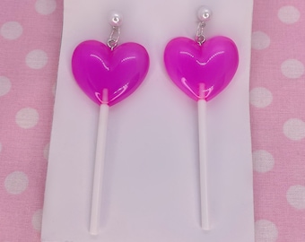 Hot Pink Hearl Pearl Lollipop Valentine’s Day Earrings