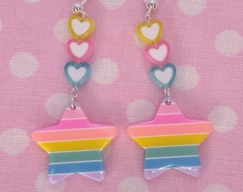 Pastel Hearts and Rainbow Star Dangle Earrings