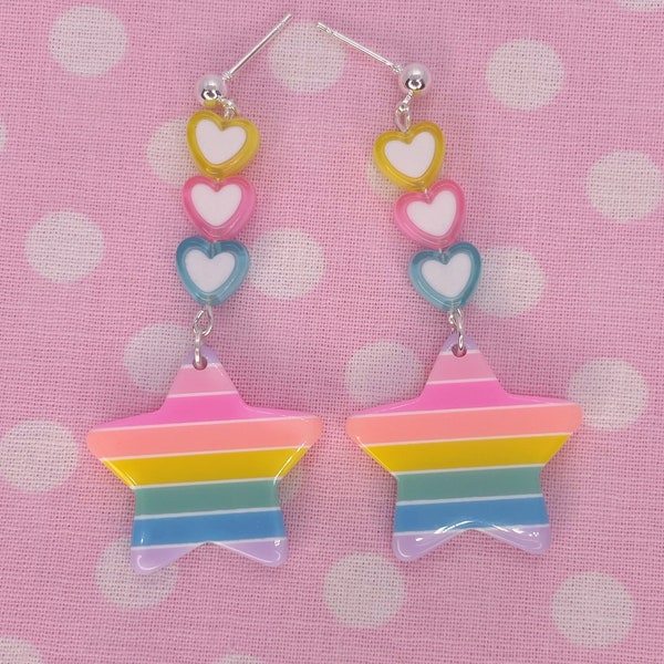 Pastel Hearts and Rainbow Star Dangle Earrings