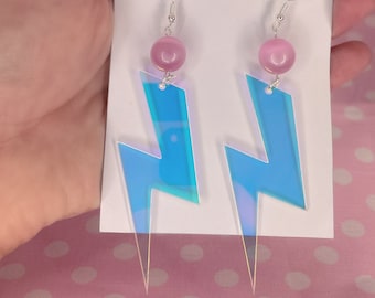 Iridescent Acrylic Mirror Pastel Pink and Blue Electric Lightning Bolt Dangle Earrings